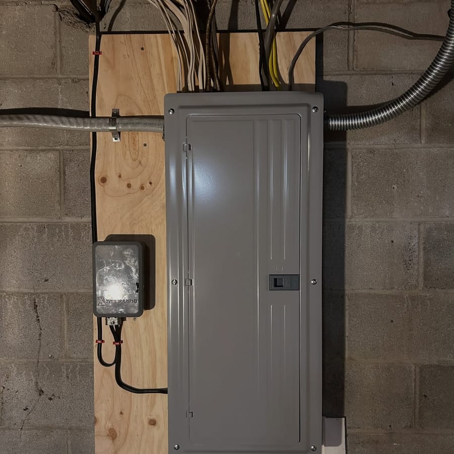 New electrical panel on a plywood backboard installed by Hercules Electric